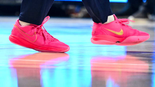 View of pink Nike LeBron shoes.